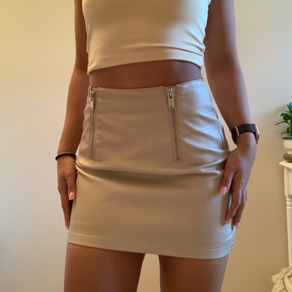 Cream Leather Mini Skirt